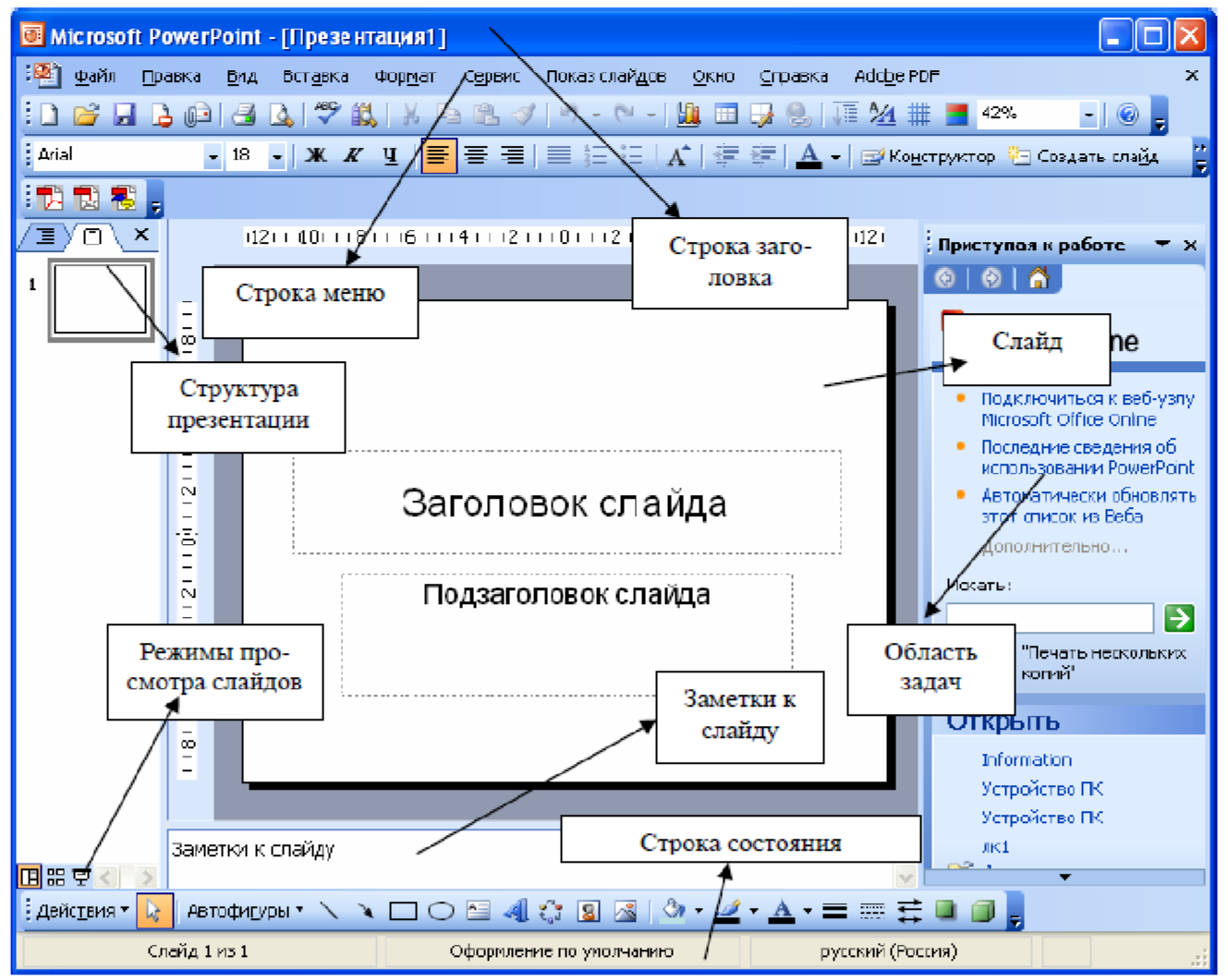 Строка главного меню. Структура окна MS POWERPOINT. Панель инструментов повер поинт 2007. Окно программы MS POWERPOINT. Основные элементы окна повер поинт.