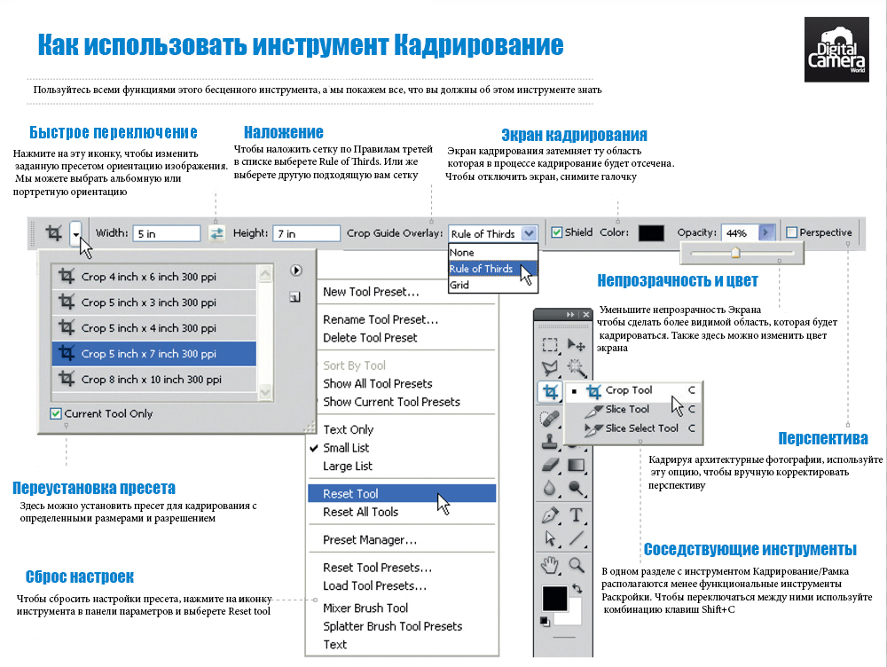 Какая кнопка на панели инструментов позволяет кадрировать изображение