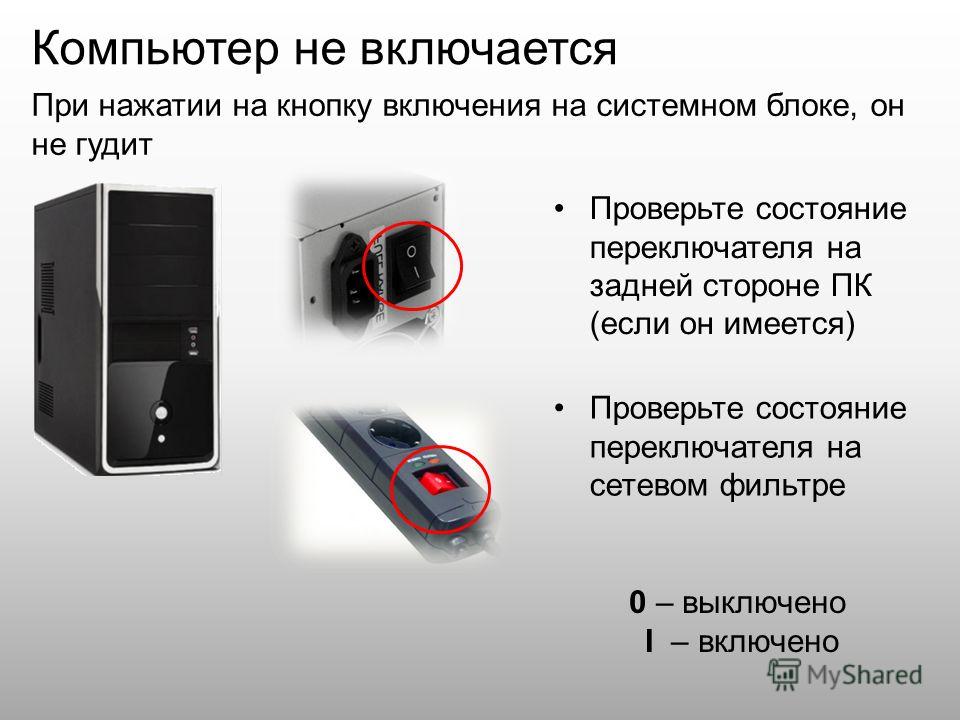 Не горит кнопка включения компьютера и нет изображения